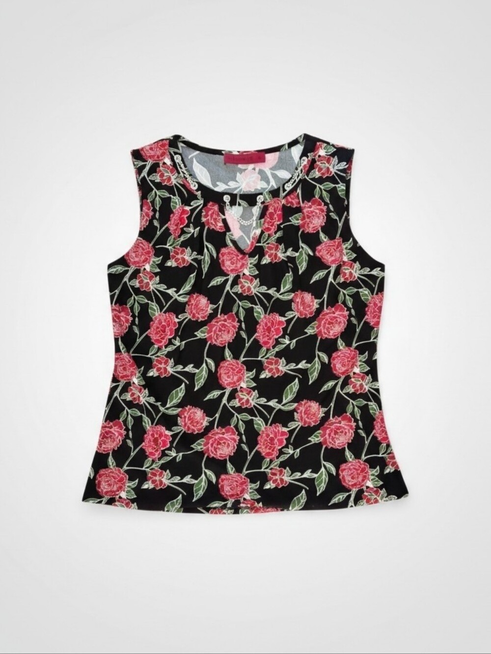 Love Scarlett Red & Black Floral Chain-Neck Top – Sleek & Chic Size Medium